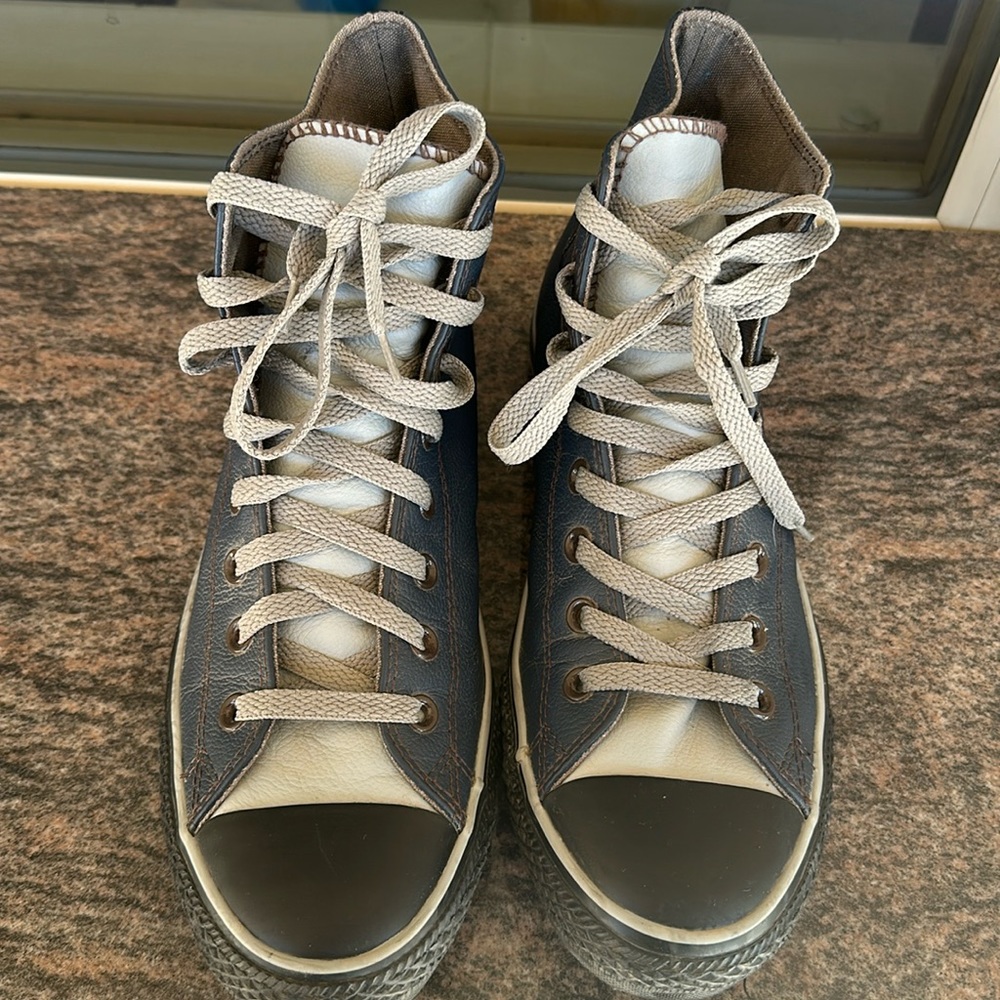Boutique Limited edition Converse all stars. Navy/Grey Leather with black sole.